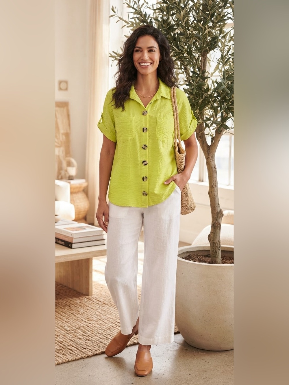 John Mark Woven Top Wire Collar Button Front Bud Green Sz S Oversize Lime Pocket